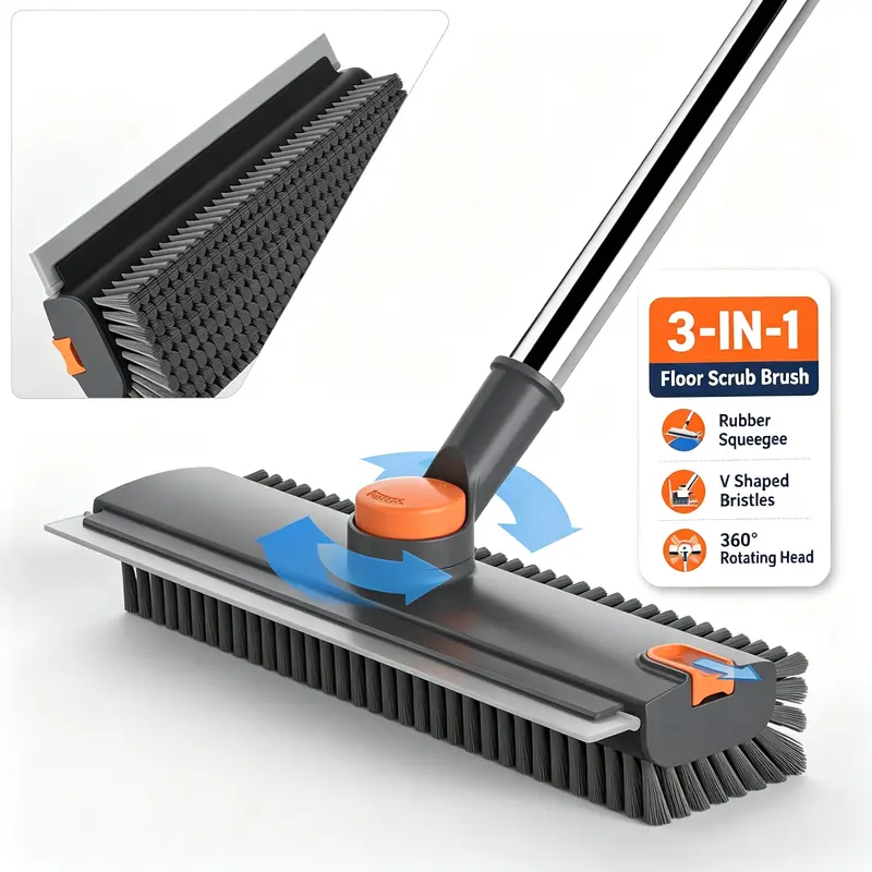 3-in-1 Metal Floor Scrub Brush with Adjustable 3-Part Long Handle - 360° Rotatable Stiff Bristles, Scraper, Squeegee Drying, 4-Angle Lock, Multipurpose Cleaning Tool for Daily Kitchen Sink Use, Home Care Supply