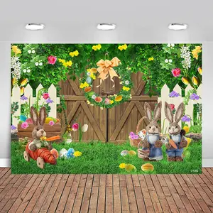 Easter Themed Backdrop, Cartoon Rabbit & Egg Pattern Backdrop, Photo Background for Baby Shower Decor, Party Decoration Supplies, Banners