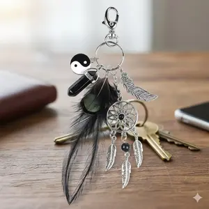 Handmade Dreamcatcher Keychain with Feather Fringe, Boho Bag Charm & Natural Material Tassel Keyring. Native-inspired Accessory for Purses & Backpacks.
