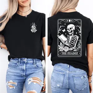 The Reader Tarot Card Front And Back Printing Shirt, Skeleton Reading T-shirt, Book Lover Gift For Women, Book Lover Tee, Tarot Card Shirt