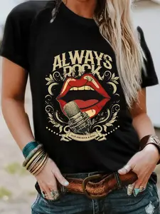 Women's Always Rock Graphic Print Round Neck Tee, Fashion Casual Short Sleeve T-shirt for Daily Wear, Ladies Summer Clothes