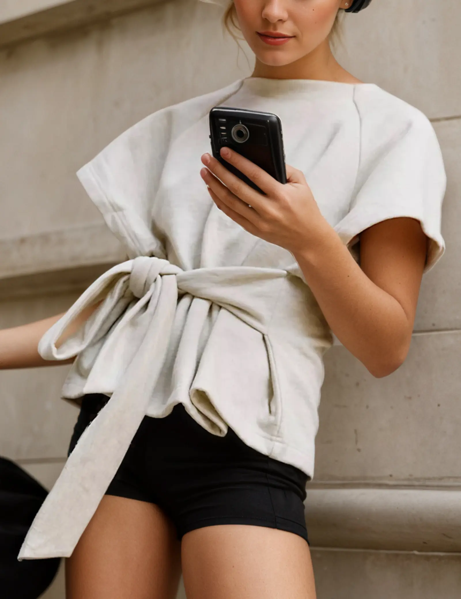 Women's Round Neck Short-Sleeve Fitted T-Shirt - Knot Front, Tie Waist Slimming Casual Athleisure Top for Daily Summer Wear