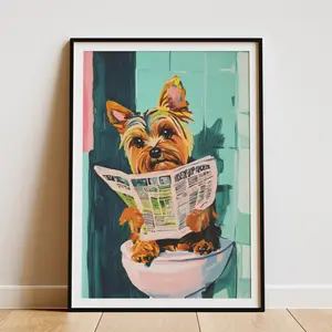 Yorkshire Terrier Art Print Funny Dog Poster Newspaper Reading Toilet Bathroom Decor Novelty Pet Portrait Yorkie Lover Gift