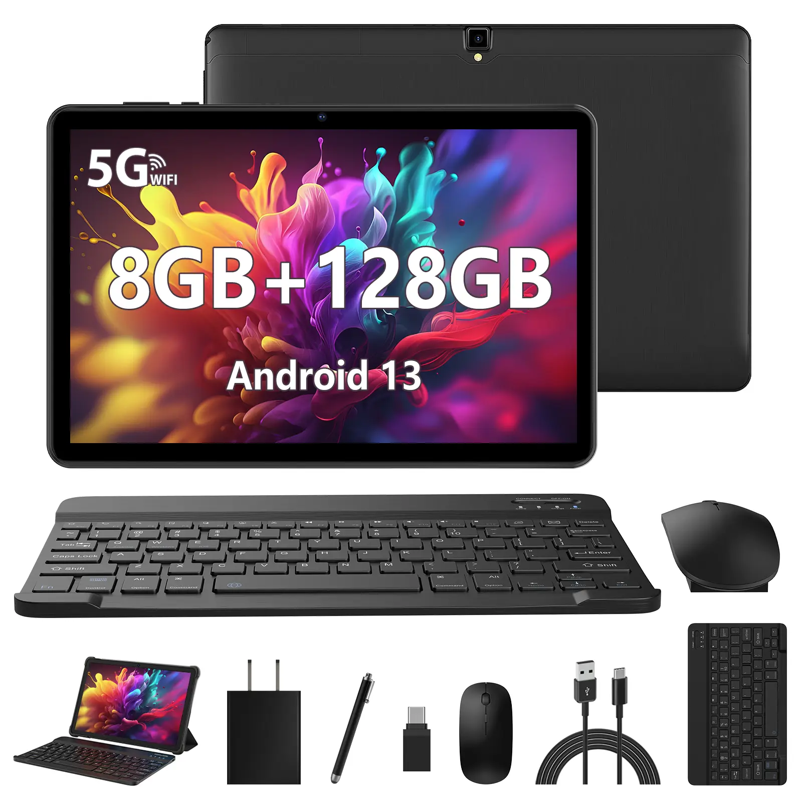 10.1-Inch Android 13 Tablet with Keyboard and Mouse, 12GB RAM (6GB+6GB Expansion), 128GB Storage, Quad-Core Processor, 1TB Expandable, 8000mAh Battery, WiFi, Dual Speakers, Stylus, Protective Case & USB Cable Included