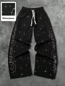 Unisex Straight Leg Sweatpants with Rhinestone Design, Diamond Pants Color Block, Fashion Casual for Men Women