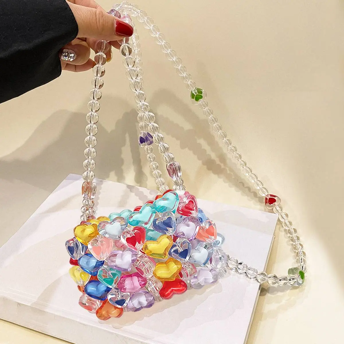 Women's Heart-Shaped Rainbow Acrylic Beaded Mini Jelly Crossbody Purse - Fashion Purses, Candy Embellished Crossbody & Shoulder Bag with Shoulder Strap for Summer Festivals, Candy Embellished Women's Crossbody & Shoulder Bags