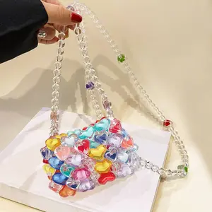 Colorful Mini Crossbody Bag for Women Candy Color Acrylic Jelly Purse Heart Shaped Coin Pouch with Beaded Shoulder Strap – Great Gift for Travel
