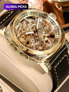 Business Fashion Round Dial Leather Strap Analog Mechanical Watch, Vintage All-match Buckle Automatic Wristwatch for Gift, Luminous Spring Pointer Design Watch with Box, Automatic Watches, National Day Offers, Mechanical Style Watches