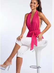 Valentina Backless Scarf Deep V Halter Top – Women’s Deep V Self Tie Draped Top, Y2K Summer Going Out Top, Sexy Open Back Blouse (Baby Blue, Ivory, Magenta)