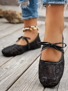 Women's Square Toe Flat Shoes, Knit Casual Ballet Flats, Bowknot Design Shoes, Comfortable Low Top Slip-Ons, Bohemian Style, Spring Season, Plus Size