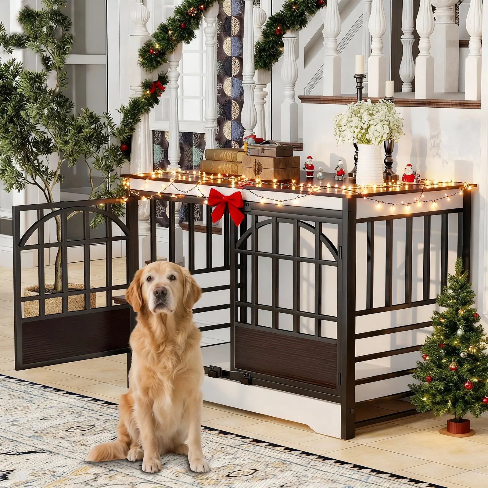 COZPAW Heavy Duty Wooden Dog Crate Furniture with Airy Iron Bars, 52in Indoor Kennel for XLarge Breed Dogs, Double Doors, Multi-Functional as TV Stand-End Table, White Brown Enclosure
