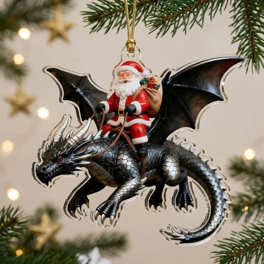 Santa Claus Riding Legendary Animal Acrylic Ornament, Fantasy Christmas Tree Decoration, Dragon Santa Holiday Ornament, Mythical Xmas Decor, Magical Christmas Gift for Dragon Lovers, UV Printed Clear Acrylic Hanging Ornament