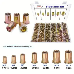 165-Piece Rivet Nut Kit - Carbon Steel Fasteners, Carbon Steel Zinc Plated M3-M10 Slotted Flat Head Threaded Inserts, Full Thread Right-Hand，Heavy Duty Blind Rivet Nuts Set for Automotive Repair, Furniture Assembly & Industrial Fastening Projects