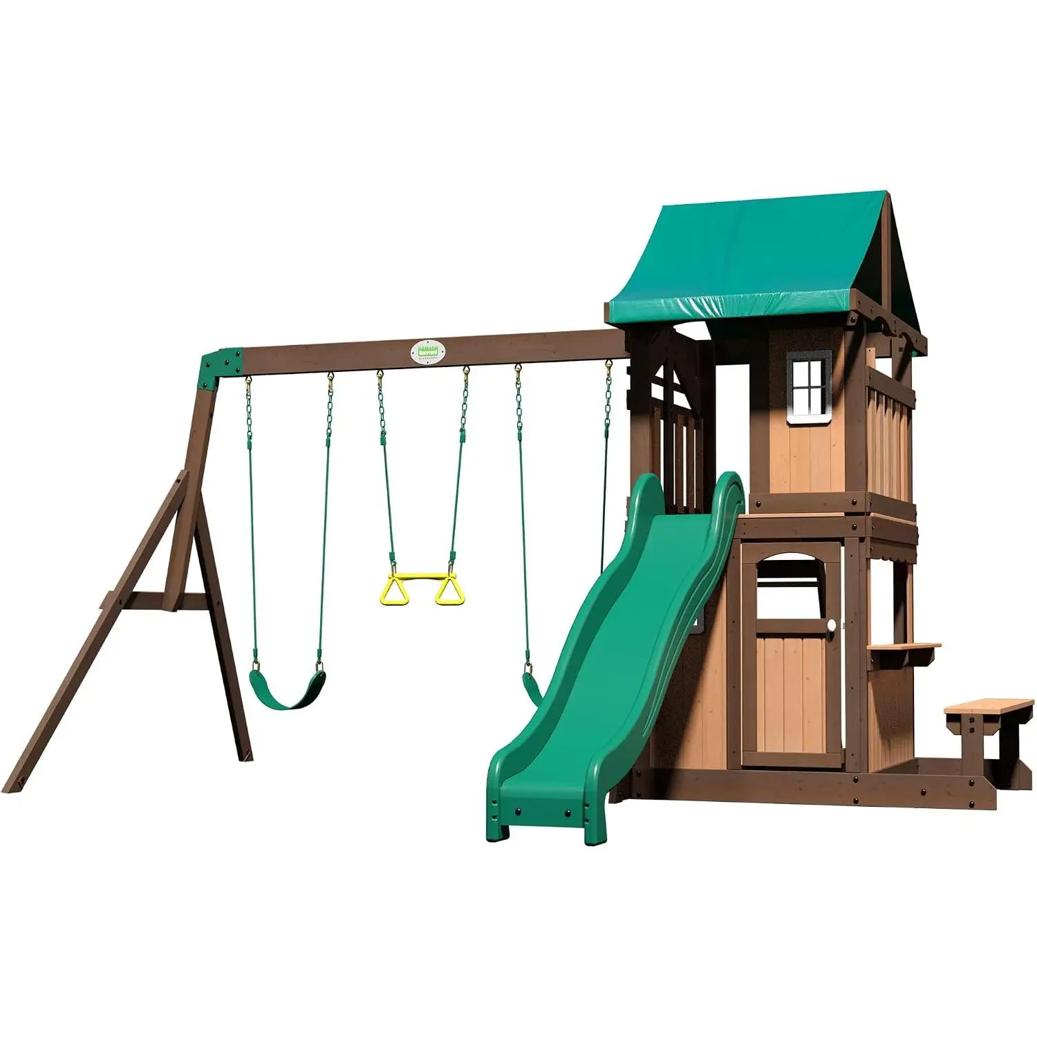 GSFRBackyard Discovery Lakewood Cedar Wood Swing Set with Wave Slide, Clubhouse, Playhouse, Snack Bar Window, Picnic Area, Belt Swings, Trapeze, Full Front Door, Windows, Step Ladder, Outdoor Playset