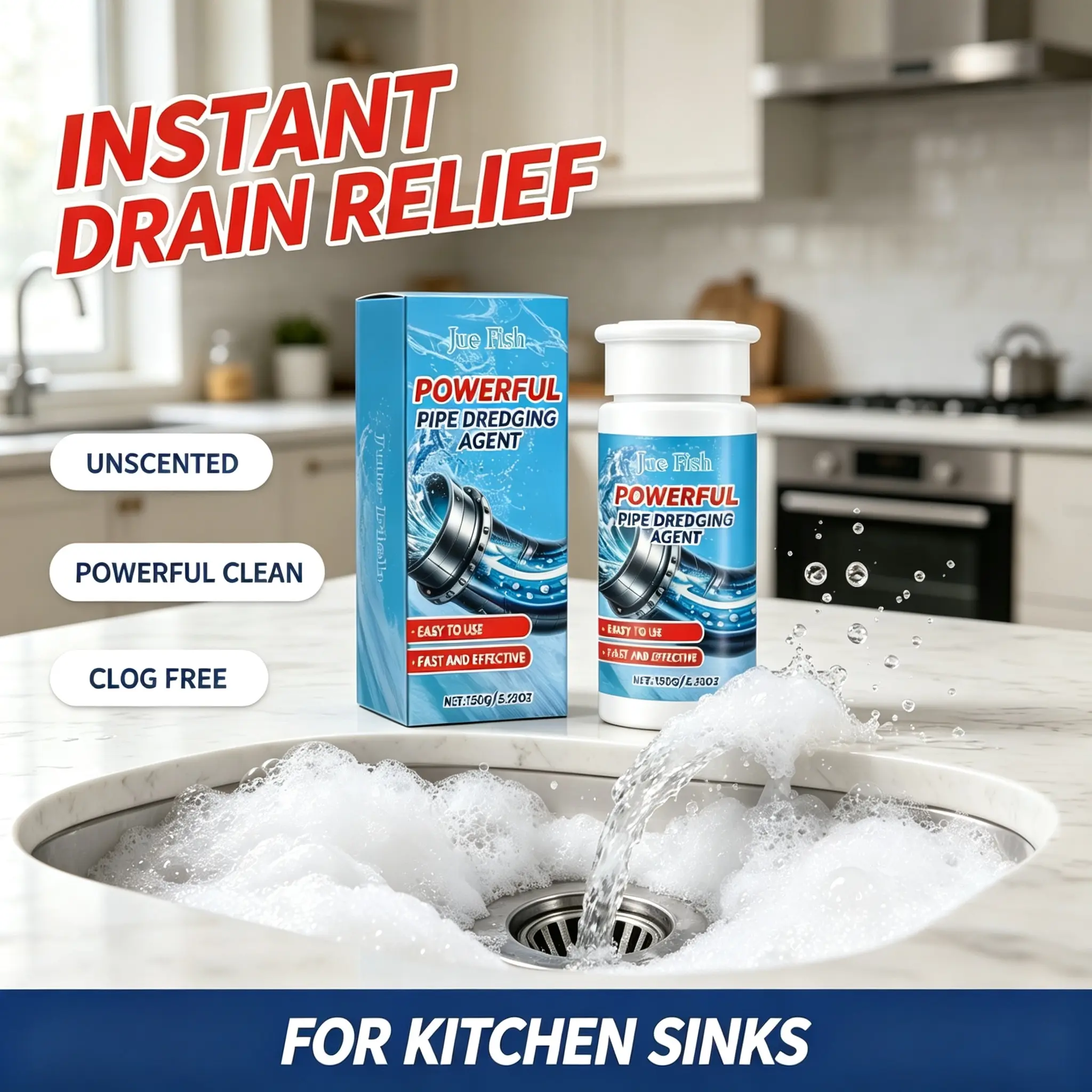 Powerful 150g Pipe Unclogging Agent for Kitchen Sinks, Bathtubs & Toilet Pipes – Quickly Melts Grease, Hair Blockages and Sanitizes Drain Interior