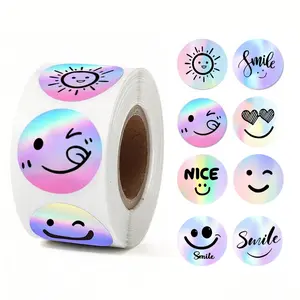 500 Pcs Roll Rainbow Smile Face Self-Adhesive Funny Stickers, Circle Sticker Label Waterproof Round Label Decorative Stickers for Gifts, Cake Packaging, Cards, Sticky Labels