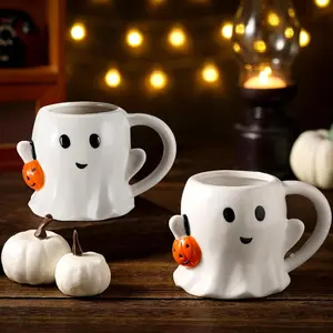 Halloween Ghost Coffee Mug Set, Ceramic Pumpkin Design with Handle, Perfect for Party Decorations, Includes 1 or 2 Pieces