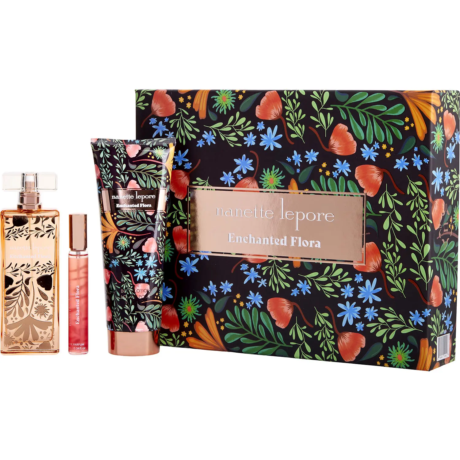 Nanette Lepore Enchanted Flora Set-Eau De Parfum Spray 3.4 Oz & Body Lotion 6.8 Oz & Eau De Parfum 0.34 Oz Mini For Women