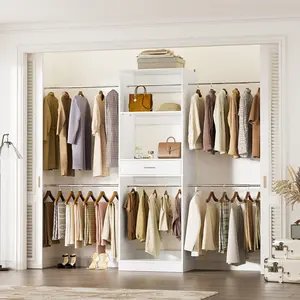 20'' - 96'' W Closet System with 6 Hanging Rods，Sturdy 8FT Walk-in Closets Organizer Kit with Drawe and Shelves, Adjustable Wood Garment Rack