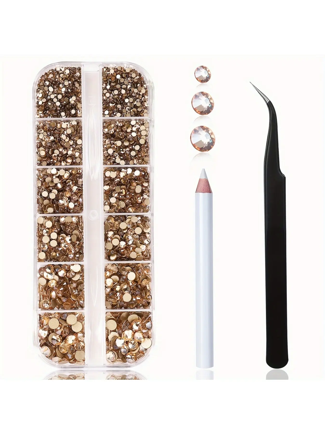 A Set of 2000 Flat-Bottom Round Rhinestones in 6 Sizes (1.5-4.8 Mm) for Nail Art, Including Tweezers And a Picking Pen, Suitable for Nail And Eye Makeup (Golden Shade), Nail Gems, Nail Art Accessories