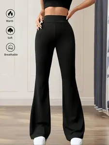 Women's High-Waisted Flare Pants, Loose Long Yoga Pants, Slim-Fitting Casual Trousers, Fitted, Elastic Waist, All Seasons, Elegant Style, Womenswear