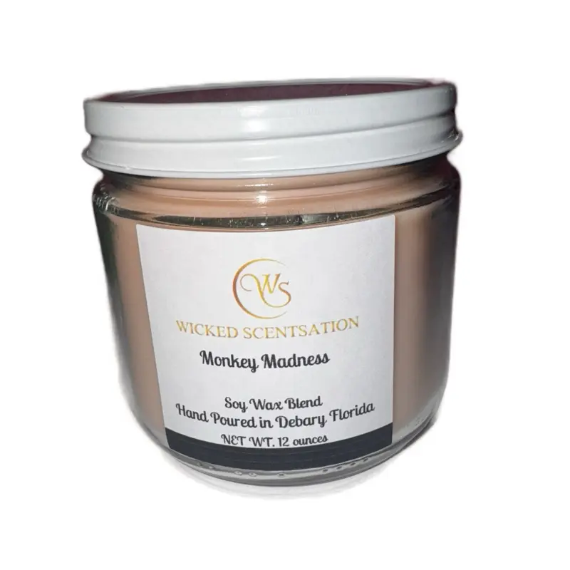 Wicked Scents Monkey Madness 12 Ounces Hand Poured Soy-Wax Blend Candle in Glass Jar with Screw-On Lids - Decorative for Home Decor - Ornaments