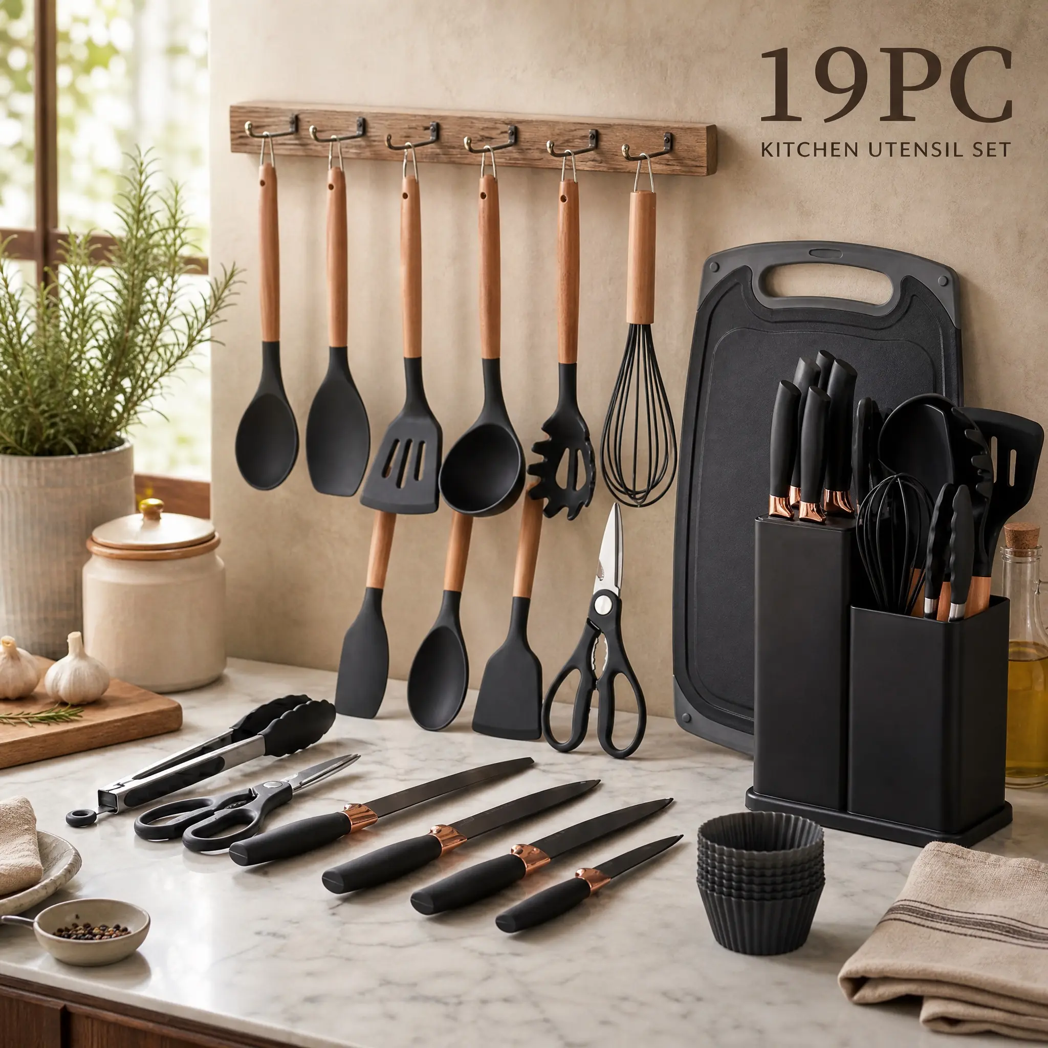 19-piece nonstick silicone cooking utensil set, 430 food-grade stainless steel chef knife set with wooden handles, professional countertop storage rack suitable for adult kitchens (total 19 pieces).