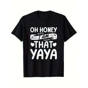 Men's Casual Short-Sleeve Round Neck Menswear T-Shirt - Funny 'Oh Honey I'm Yaya' Sassy Saying, Yaya Dance Phrases & Iconic Hand Gesture Print - Comfortable Cotton Plus Size Tee - Mother's Day Gift (Black/White), Streetwear Oversized Graphic Tees