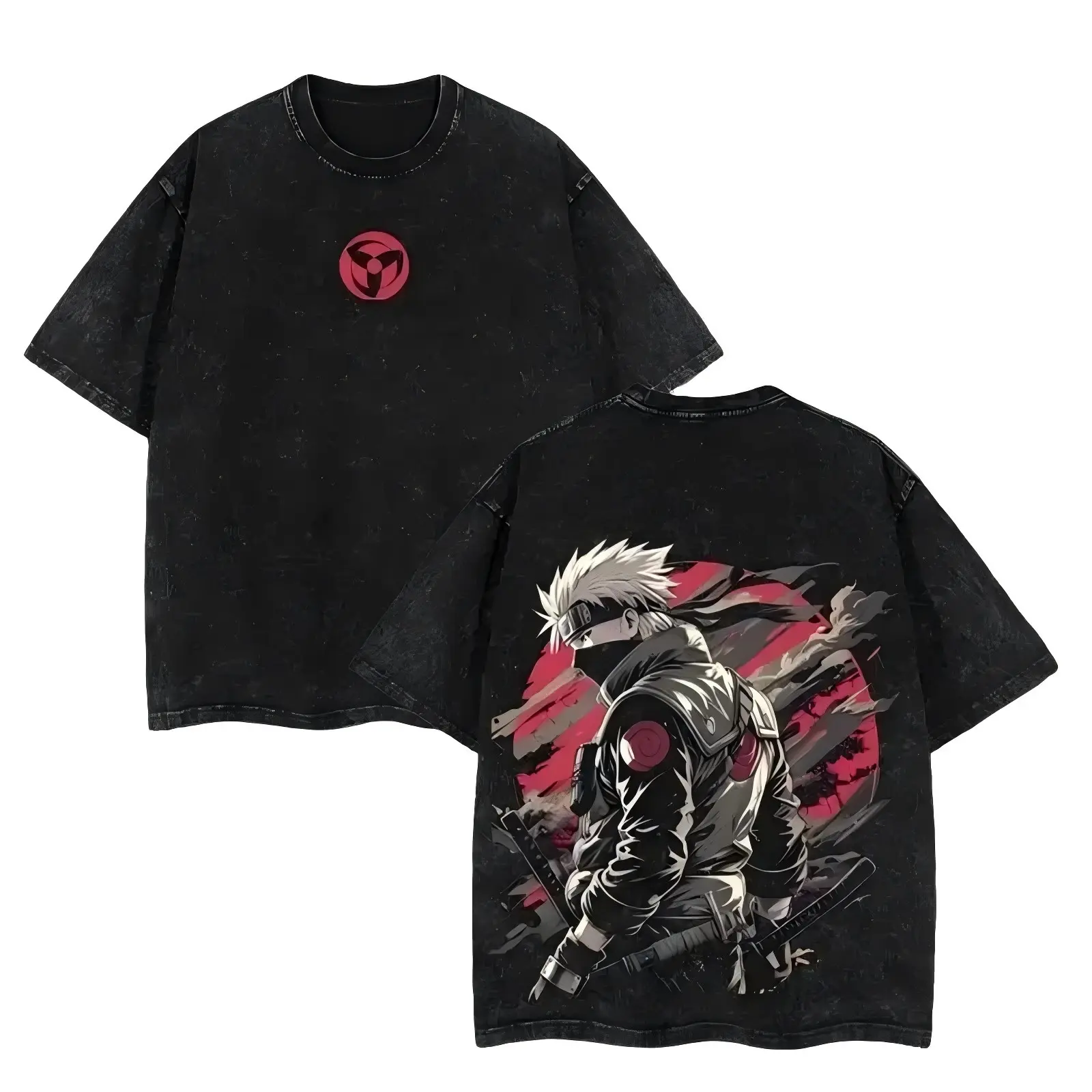 ANBU Kakashi Naruto Double Printed Vintage Washed Tee, Unisex Oversized Heavyweight Cotton T-shirt for Anime Fans，funny graphic tee, men’s trendy t-shirts, deals, humorous, 90s, streetwear,penny tees, meme, boyfriend, good graphic, sluggy Menswear Top