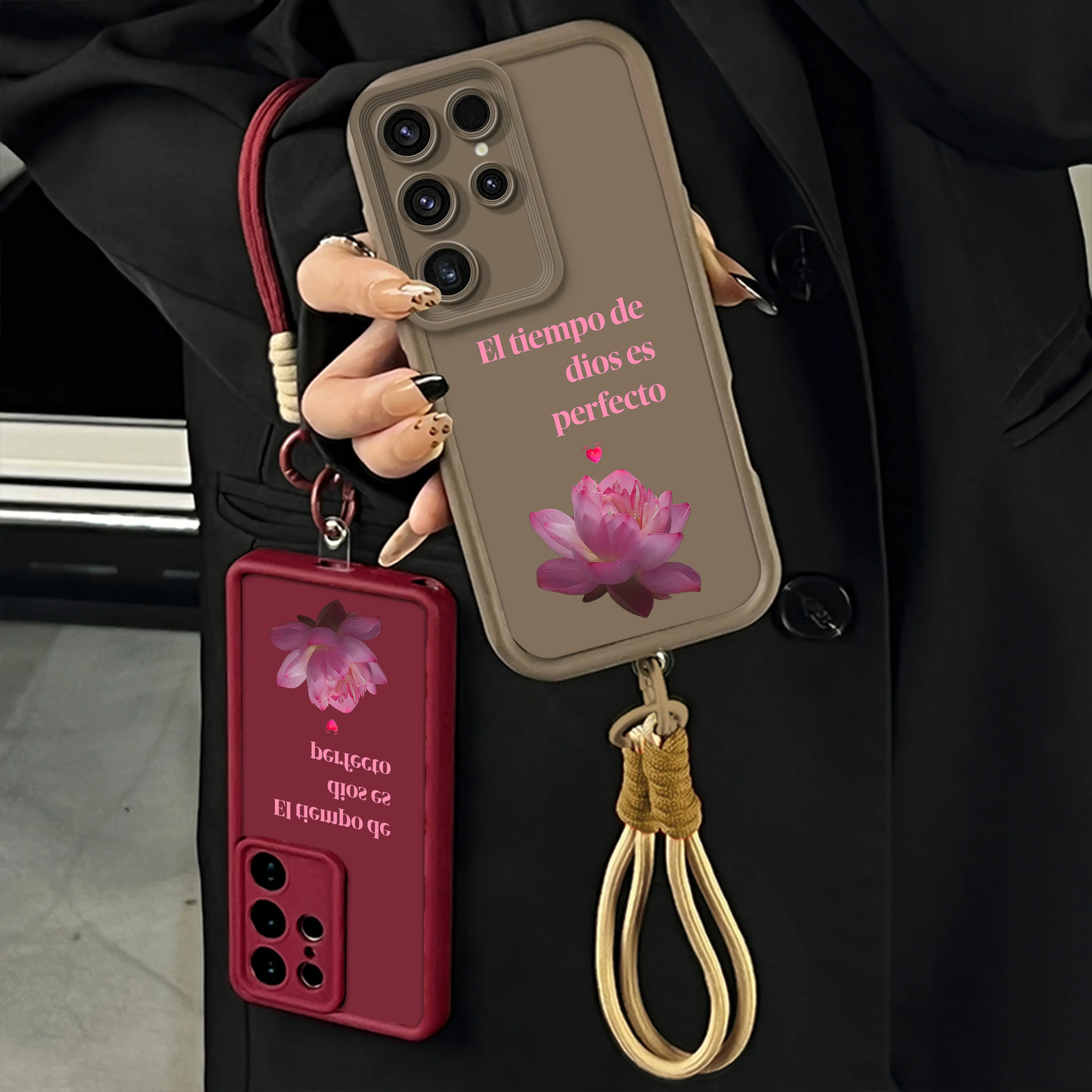 Elegant Lotus Design Lanyard Phone Shell El Tiempo De Dios Es Perfecto for Samsung Galaxy S25 S24 S23 S22 A71 A56 A55 A54 A53 A52 iPhone 17Pro Max Air 16 15Plus 14 13 12 11 XR XS Luxury Matte Texture Religious Birthday Gift For Her .NN131-2