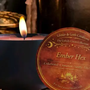 Glitter & Goth Creations Ember Hex 8 oz Hand Poured Ritual Candle from The Unholy Coven Collection with Cedarwood Cinnamon Vanilla & Palo