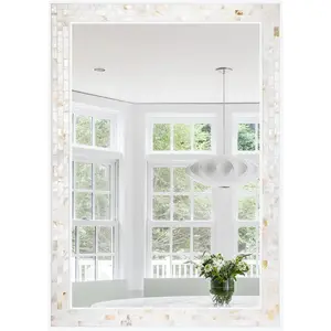 Wall Mounted Mosaic Mirror 30x40 Inch,  Mother of  Inlay White Framed Rectangle Mirror for Bathroom, Bedroom or Entryway
