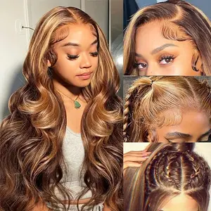 Highlight Ombre Lace Front Wig Human Hair Honey Blonde Body Wave 13x4 HD Lace Front Wigs Human Hair Pre Plucked 180% Density Brown 4/27 Colored Lace Frontal Glueless Wigs for Women