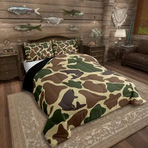 Hunting Fish Bedding Set Full Size Camo Army Bass Fishing Comforter Set 3Pcs Farmhouse Camouflage Bedding Comforter Sets Wild Animal Down Comforter Vintage Brown Green Decor