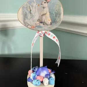 10 x 3" Wooden Easter Egg with Decoupage Bunny & Swan Set on Wooden Pedestal Base for Festive Decor