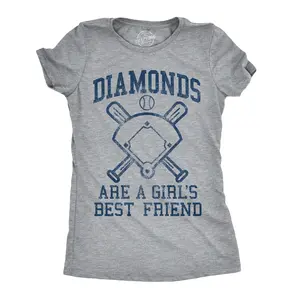Womens Diamonds Are A Girls Best Friend T Shirt Funny Cute Baseball for Ladies Funny Womens T Shirts Cute Vintage Fashion Casual Ladies T-Shirt Gift Funny Baseball Top Women's Novelty Tees Light Grey