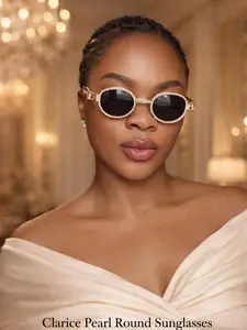 Round sunglasses adorned with shimmering pearls set in gold frame