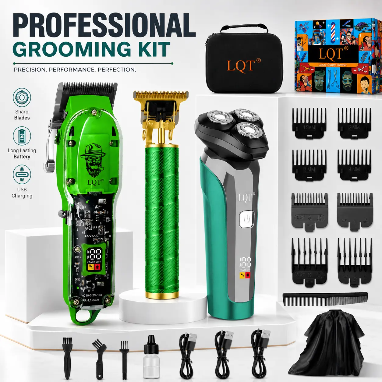 3-in-1 Professional Men’s Grooming Kit – Cordless Hair Clipper, Precision T-Blade Trimmer & Rotary Electric Shaver, USB Rechargeable Barber Set with Guide Combs and Accessories