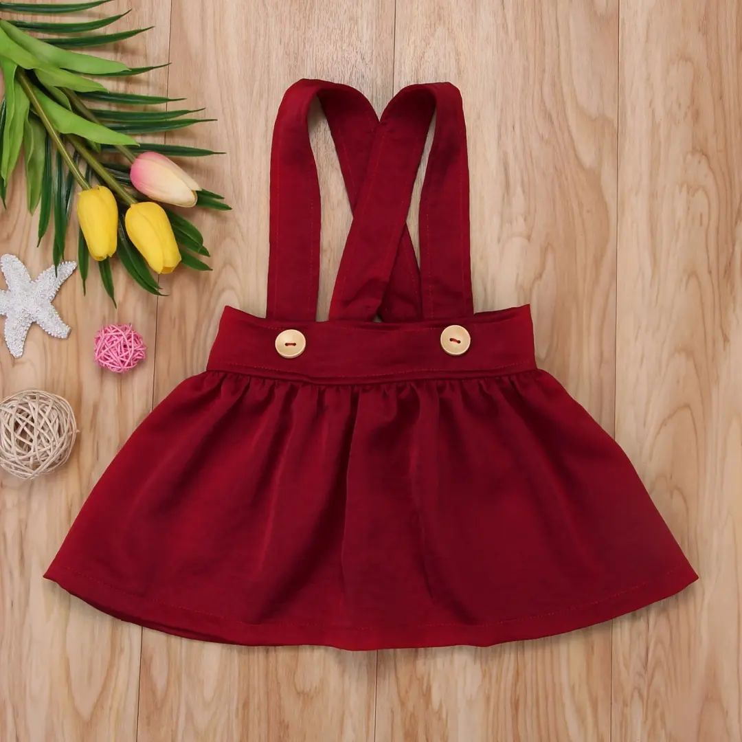 Baby Girl Suspender Skirt Sleeveless Solid Color Pleated Cross Strap Button Tutu Short Dress