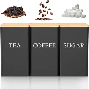 3-Piece Kitchen Storage Canisters, Metal Containers for Coffee Beans Tea Sugar, Coffee Station Organizer, Easy Holiday Gift, Durable, Stylish & Aesthetic Design(with Bamboo Tray)