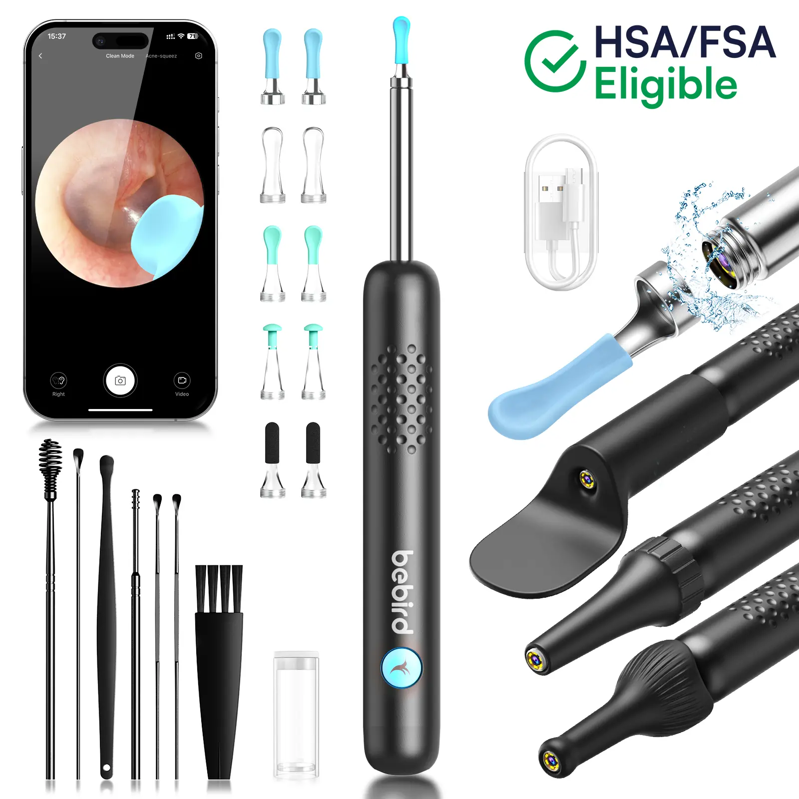 Bebird R1 Wax Removal for Ear - Spade Ear Canal Cleaner with Camera 1080P Earscope, Wax Remove Ear Picker with Vari Replacement Tips, Camera with 6LED Light for Ear/Nose/Throat Examination, Black