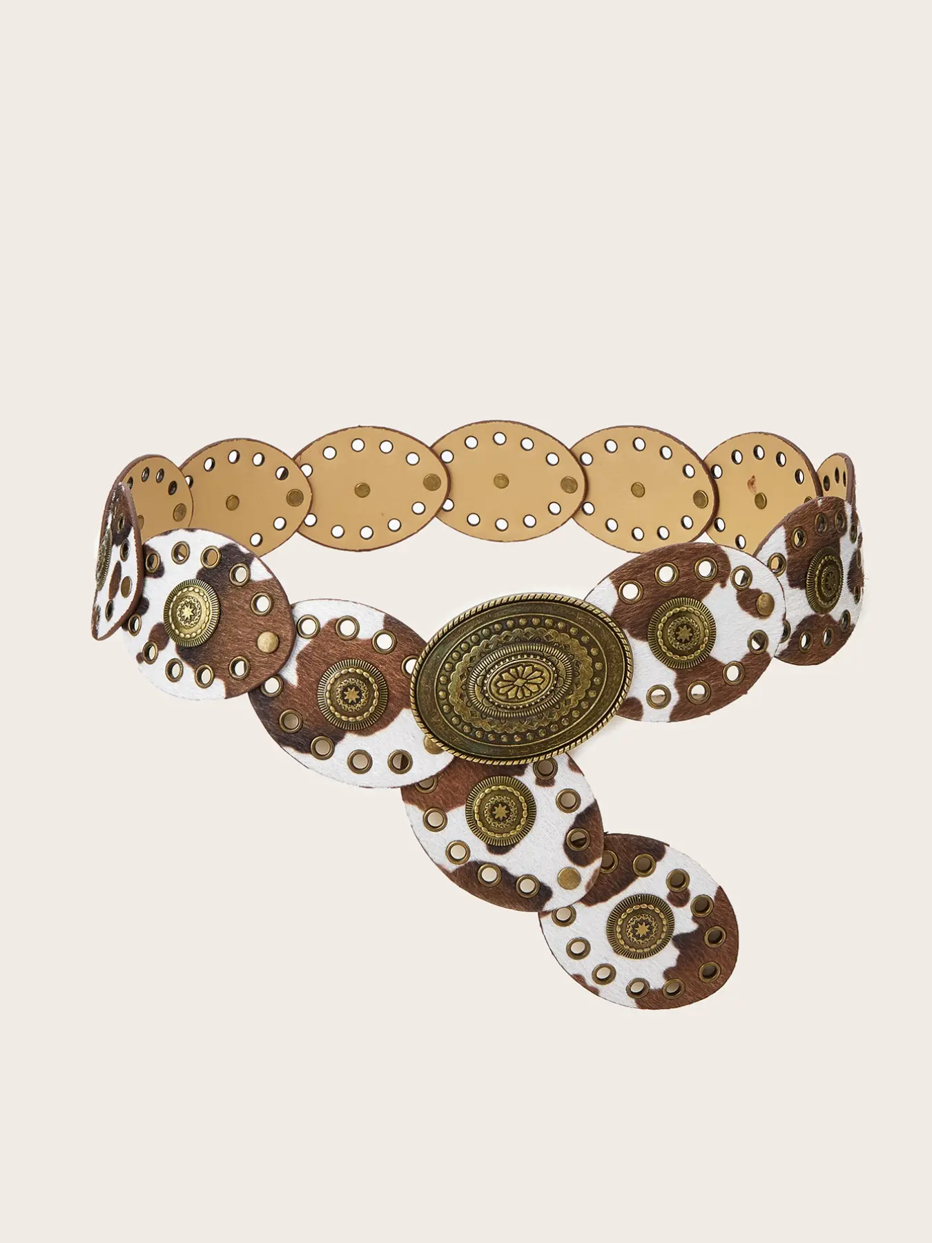 Women's Boho Vintage Cowhide Pattern Belt, Western Cowboy Hollow Out Antique Copper Buckle Rivet Oval Patch Waist Cincher, Boho Style Belt, Cowboy Cowgirl Belt, Western Belts