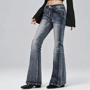 American High Street Heavyweight Butterfly Embroidered Y2K Micro Flare Jeans for Millennial Streetwear Babes, Slim Fit & Figure Flattering Vintage Denim