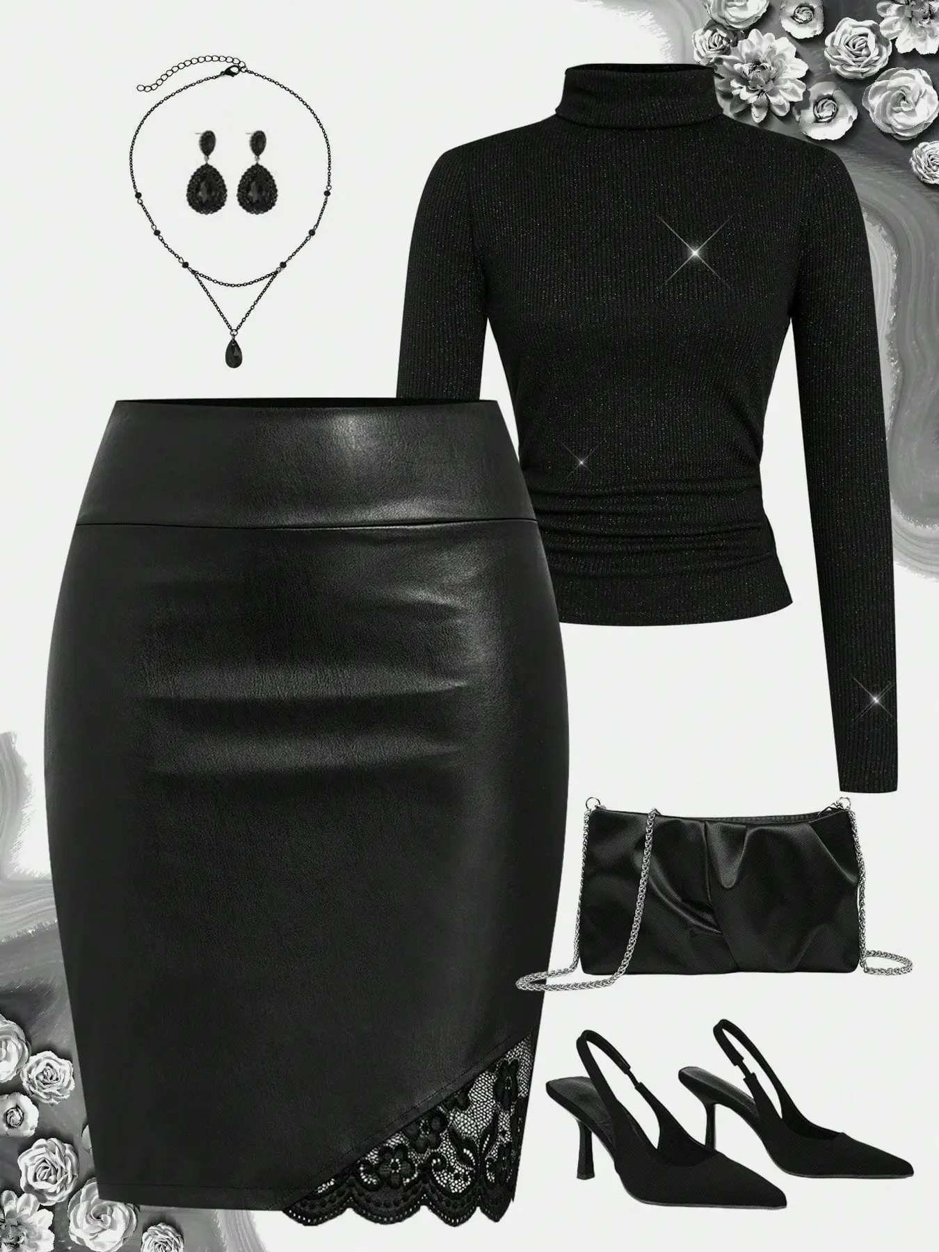 Women's Casual Fitted Solid Color PU Leather Pencil Skirt Bottoms, Lace Patchwork Half-Sleeve Dress, Elegant Summer Fashion Womenswear, Comfortable & Stylish, Chic Elegant Skirt, Casual Skirts, Casual Fashionable Skirt, Fitted Design Skirt