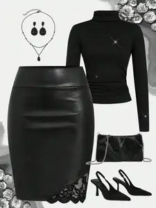 Women's Casual Fitted Solid Color PU Leather Pencil Skirt Bottoms, Lace Patchwork Half-Sleeve Dress, Elegant Summer Fashion Womenswear, Comfortable & Stylish, Casual Skirts