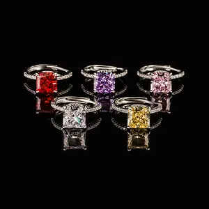 Square High Carbon Diamond Ring, Ice Cut Design, Padparadscha Gem Tone, Luxury Minimalist Style, Elegant Socialite Jewelry, Dainty Inlaid Band Ring, High Grade Finger Accessories, Banquet Daily Dating Ornaments