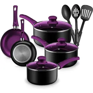 Chef's   Pots and Pans Set for Kitchen - Nonstick Stackable Induction Cookware, 11 count, Purple