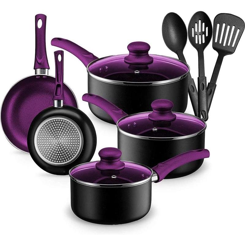 Chef's   Pots and Pans Set for Kitchen - Nonstick Stackable Induction Cookware, 11 count, Purple