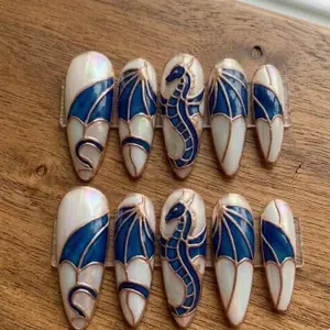 3D Blue Dragon Press On Nails, Iridescent Filigree Design, Fantasy Mythical Nail Art