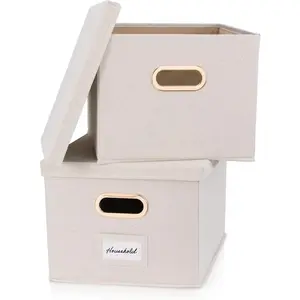 Decorative File Organizer Box Set of 2-Collapsible Linen Filing Cabinets With Handles for Storing Documents & Hanging File Folders - Portable Easy Slide Crates With Lid